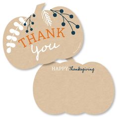 two thank you tags with leaves and berries on them, one has the words happy thanksgiving