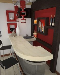 a kitchen with red walls and white counter tops, black chairs and an island in the middle