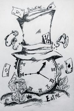 a drawing of a clock with a top hat on it's head and the words drink me