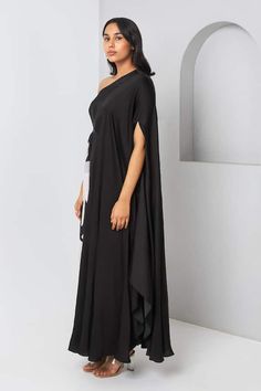 Black and beige one-shoulder maxi dress with abstract print on one side. - Aza Fashions