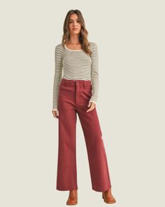 Add a pop of color to your wardrobe with our Maroon Straight Leg Denim Pants. These are our crowd-pleasing NYC Please Jeans back in-stock in a new-color way! They are the high-rise stretchy material you all love in rich maroon hue that sets them apart from your everyday denim. Stretch Pants With Five Pockets For Fall, Fall Stretch Pants With Five Pockets, Trendy Full Length Pants For Fall, Trendy Full Length Fall Pants, Trendy Stretch Pants With Five Pockets, Trendy Cotton Pants For Fall, Trendy Fall Cotton Pants, Trendy Relaxed Fit Bottoms For Fall, High Waist Pants With Five Pockets For Fall