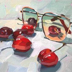 an oil painting of glasses and cherries on a table