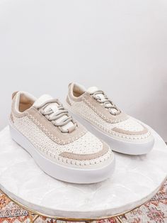 Step out in style with The Shauna Woven Sneakers. These taupe and cream lace up sneakers are the perfect choice for a trendy street style look. The woven design adds a unique touch to these casual yet chic shoes. Stand out from the crowd and make a statement with these playful and sneakers. True to size Mobile Boutique, Shoes Stand, Chic Shoes, Trendy Street Style, Lace Up Sneakers, Woven Design, Gift Boutique, Cream Lace, Street Style Looks