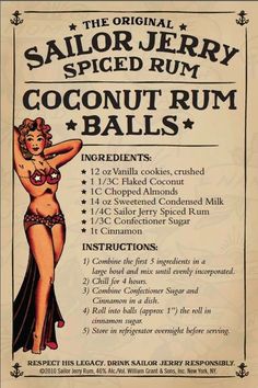 an advertisement for the original sailor jerry spiced rum coconut rum balls, with instructions