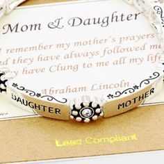 "Mother and Daughter" Silver Bracelet with CardItem: Bracelet Size: 0.3" HighColor: Antique Silver, ClearStyle: StretchableMetal: Alloy Material: Rhinestones Theme: Mother & Daughter Card reads: Mom & Daughter I remember my Mother's prayersand they have always followed meThey have clung to me all my life.Abraham Lincoln Sold As One Individual Bracelet Mother And Daughter, Mom Daughter, Card Reading, Abraham Lincoln, Bracelet Sizes, Mother Daughter, Lincoln, Antique Silver, My Life