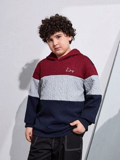 Tween Boys Extended Size Leisure Color-Block Hooded Textured Sweatshirt Suitable For Commuting, School, Daily, Travel, Sports And Autumn/Winter Season Navy Blue Casual  Long Sleeve Knitted Fabric Colorblock,Letter Pullovers Slight Stretch  Tween Boys Extended Size Clothing, size features are:Bust: ,Length: ,Sleeve Length: Travel Sports, Long Sleeve Knit, Winter Season, Bleu Marine, Size Clothing, Sweat Shirt, Color Blocking, Color Block, Autumn Winter