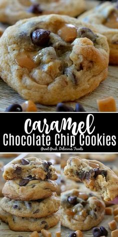 caramel chocolate chip cookies stacked on top of each other with the title overlay