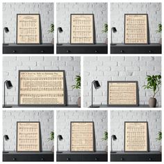 four photographs of the same sheet of music on a shelf next to a potted plant