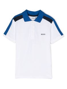 white/blue cotton piqué weave colour-block design logo print at the chest mini logo tag polo collar front button placket short sleeves with ribbed cuffs short side slits straight hem Blue Polo T-shirt With Striped Collar, White Polo T-shirt With Striped Collar, White Casual Polo Shirt With Contrast Collar, Casual White Polo Shirt With Contrast Collar, Blue Polo Shirt With Ribbed Collar For Summer, Blue Summer Polo Shirt With Ribbed Collar, Summer Blue Polo Shirt With Ribbed Collar, White Cotton Polo Shirt With Striped Collar, Cotton T-shirt With Polo Contrast Collar