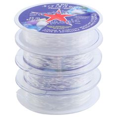 white spooling wire with clear plastic backings on the top and one spooled