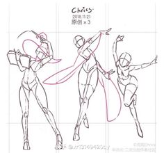 three sketches of different poses for the character