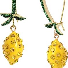 Delicate Long Ear Wire Adorned With Subtle Green Stones And Leaves, And Dangling Vibrant Lemon. Metal, Glass, Plastic Shepherds Hook Closure 2.5" Length 0.5" Width Party Yellow Pierced Jewelry, Shepherds Hook, Green Stones, Polymer Crafts, Betsey Johnson Jewelry, Green Stone, Ear Wire, Betsey Johnson, Diamond Earrings