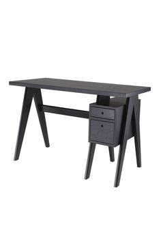 a black desk with two drawers on it and one drawer open to show the contents