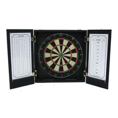 a dart board with three darts in it and two numbered boards on the back side