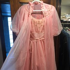 Baby Pink Sheer Nightgown With Matching Sheer Over Coat. Lovely Beading. Some Bead Are Missing But Not Noticeable. Fabric Has Some Minor Snags And A Few Dark Spots On The Back. Very Hard To Notice These Spots. Bow Tie Straps And With A Snatched Waist. Waist Doesn’t Adjust. This Is In Beautiful Condition Considering How Delicate The Fabric Is. Long Night Gowns For Women, 80s Nightgown, 60s Nightgown, Vintage Nightgown, Cape Coat, Baby Pink, Night Gown, Women's Intimates, Vintage Outfits