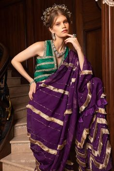 Purple sharara saree with fringed borders and dori and sequins hand embroidery. Comes with a green padded blouse. - Aza Fashions Purple Sharara, Sharara Saree, Dhoti Saree, Embroidered Sharara, Purple Saree, Padded Blouse, Blouse For Women, Purple Silk, Silk Organza