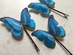 Blue Morpho hair pins. Hand cut from silk with Swarovski Crystals Blue Morpho, Blue Butterflies, Butterfly Clips, Future Bride, Wedding Inspirations, Blue Butterfly, Wire Jewelry