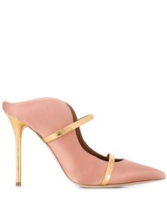 Pink and gold leather and satin Maureen mules from Malone Souliers featuring a backless design, a pointed toe, a low vamp, a mid high stiletto heel, a leather insole and a leather sole. Pointed Toe Slingback Pumps For Cocktail, Chic Gold Mules With 4-inch Heel, Cocktail Mules With Wrapped Heel And Pointed Toe, Pointed Toe Mules With Wrapped Heel For Cocktail, Almond Toe Mules With Deep Heel Cup For Party, Party Mules With Almond Toe And Deep Heel Cup, Luxury Formal Mules With Wrapped Heel, Luxury Mules With Wrapped Heel For Formal Occasions, Elegant Almond Toe Mules With Wrapped Heel