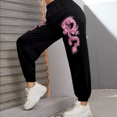 Nwt Adika Dragon Print Streetwear Loungewear Sweatpants Size Large New With Tags Black Sweatpants With Purple / Pink Dragon Print Listing Y5 Pink Pants With Elastic Waistband For Streetwear, Pink Fitted Joggers For Loungewear, Fitted Pink Joggers For Loungewear, Pink High Waist Stretch Sweatpants, Pink Fitted Casual Joggers, Pink Fitted Sweatpants For Streetwear, Pink Stretch Joggers For Streetwear, Stretch Pink Joggers For Streetwear, Dragon Clothing