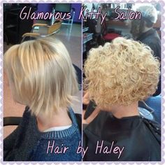 spiral perm with a stacked bob Short Hair Perm Before And After, Short Permed Hair Pixie, Perms For Short Hair Before And After