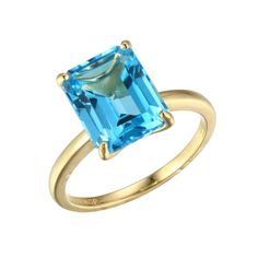 Rectangular Octagonal Swiss Blue Topaz 18k Yellow Gold Over Sterling Silver Ring Yellow Gold Solitaire Ring, Yellow Gold Solitaire, Gold Solitaire Ring, Asscher Cut, Swiss Blue Topaz, Blue Gemstones, Topaz Gemstone, Types Of Rings, Ring Collections