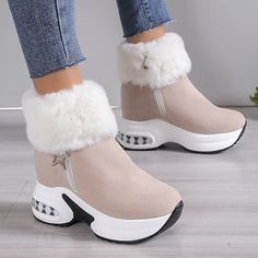 Category:Boots; Upper Materials:Faux Suede; Embellishment:Zipper; Season:Winter; Heel Type:Wedge Heel; Gender:Women's; Toe Shape:Round Toe; Type:Fleece Lined,Booties Ankle Boots; Style:Comfort; Heel Height(inch):1-2; Outsole Materials:Rubber; Occasion:Daily; Closure Type:Zipper; Pattern:Solid Color; Listing Date:11/12/2023; 2023 Trends:Winter Boots,Plus Size; Foot Length:; Foot Width:; SizeChart1_ID:2:183890 Fur Lined Shoes, Ladies Boots Ankle, Winter Heels, Winter Shoes For Women, Winter Ankle Boots, Shoes Boots Ankle, Square Toe Heels, Shoe Pattern, Wedge Ankle Boots