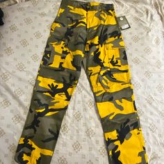 Green Black And Yellow Camo Print. Utility Style Pants. Picture Of Tag Contains All Features. Rothco Battle Dress Uniform. Size Small. Nwt Yellow Streetwear Pants With Pockets, Yellow Pants With Pockets For Streetwear, High-waisted Yellow Cotton Pants, Casual Yellow Cargo Pants For Streetwear, Yellow Cotton Pants For Streetwear, Casual Yellow Cargo Pants For Spring, Camo Print Pants, Yellow Camo, Battle Dress