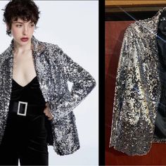 Stradivarius Women Sequins Blazer Sequin Jacket Casual Long Sleeve Glitter Party Shiny Nwt Size Medium #32 Metallic Outerwear For Winter Party, Metallic Outerwear For Party In Winter, Metallic Sequined Outerwear For Party, Glitter Outerwear For Party Season, Metallic Winter Party Outerwear, Metallic Sequined Party Outerwear, Metallic Sequin Party Outerwear, Winter Glitter Long Sleeve Outerwear, Glamorous Holiday Workwear Outerwear