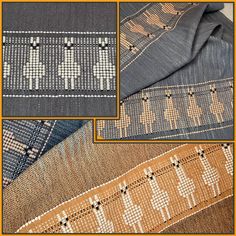 three different patterns on fabric with an orange border in the middle and two pictures of them