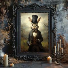 a painting of a rabbit dressed in a suit and top hat with candles around it