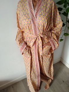 Cotton robe Cotton Sleepwear With Kimono Sleeves For Loungewear, Cotton Sleepwear With Kimono Sleeves, Cotton Sleepwear With Kimono Sleeves For Home, Cotton Sleepwear With Kimono Sleeves For Relaxation, Spring Cotton Kimono For Home, Spring Kimono With Relaxed Fit, Long Summer Sleepwear For Lounging, Cotton Robe With Kimono Sleeves For Relaxation, Cotton Kimono For Lounging