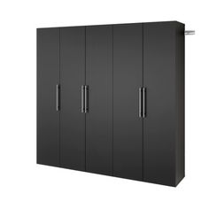 a black cabinet with three doors and two handles on the front, against a white background