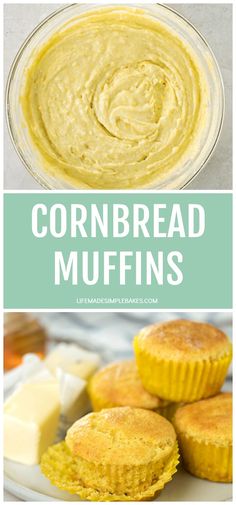 cornbread muffins with butter on top and in the middle, next to a bowl