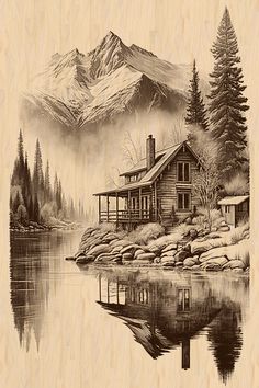 a drawing of a cabin on a lake with mountains in the background