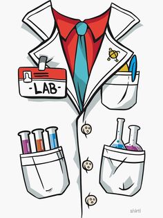 a drawing of a lab coat with the name lab written on it and some school supplies in his pocket