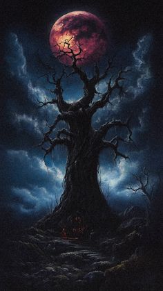 a painting of a creepy tree with the moon in the background