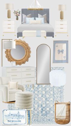 a collage of blue and white furniture, bed, mirror, lamp, chair