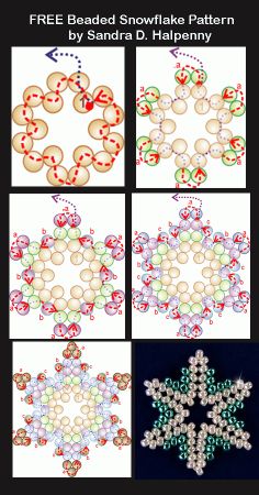 four different snowflakes are shown with the words free beaded snowflake pattern