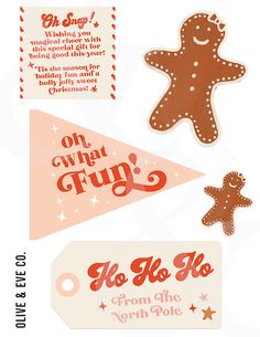 christmas tags and stickers with gingerbreads on the top, one for each other