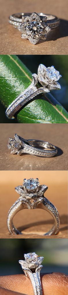 three different views of an engagement ring on a leaf