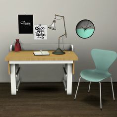 a desk with a chair next to it and a clock on the wall above it