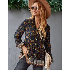 Black V Neckline Floral Print Long Sleeve Blouse Bohemian Button-up Blouse For Vacation, Bohemian Button-up Blouse For Day Out, Fall Vacation Rayon Blouse, Vacation Rayon Blouse For Fall, Rayon Blouse For Fall Vacation, Rayon Top For Vacation In Fall, Boho Collar Long Sleeve Vacation Top, Fall Vacation Button-up Blouse, Black Long Sleeve Top With Boho Print