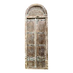 an old wooden door with intricate carvings on the front and side panels, isolated against a white background