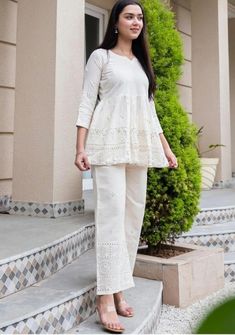 White Plazo With Kurti, Top And Plazo, White Kurti, Cotton Short Tops, Cotton Kurta Set, Stitch Dress, A Line Kurti, Design Sketchbook