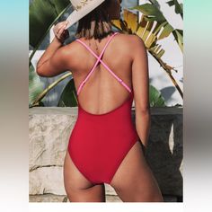 New With Tags Perfect For Tropical Vacations, Summer, Beach & Pool, Honeymoon, Cruise. Fitted Crisscross Bodysuit For Summer, Summer Bodysuit With Crisscross Straps, Beach Bodysuit With Crisscross Straps, Summer Crisscross Swimwear With Lined Body, Red Bodysuit For Beach Party, Red Fitted Bodysuit For Beach Party, Pink Crisscross Strap Beachwear Swimwear, Summer Poolside Bodysuit With Cross Back, Pink Crisscross Swimwear For Summer