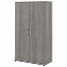 a gray cabinet with two doors and wheels