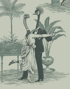 an image of a man and woman dancing in front of a table with a bird on it