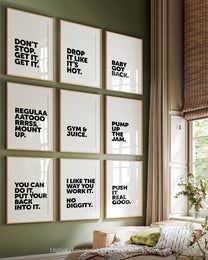 a living room filled with lots of framed pictures on the wall above a couch and coffee table