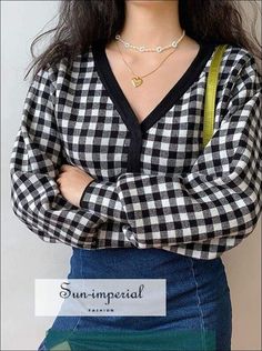 Women Black and White Volume Sleeved Check Pattern Crop Plaid Cardigan Spring Long Sleeve V-neck Sweater With Buttons, Trendy V-neck Sweater With Buttons, Long Sleeve, Casual Black V-neck Sweater, Black V-neck Cardigan For Winter, Spring V-neck Long Sleeve Sweater With Button Closure, Black V-neck Winter Cardigan, Trendy V-neck Sweater With Button Closure For Spring, Black V-neck Sweater For Fall, Trendy Long Sleeve V-neck Sweater For Work