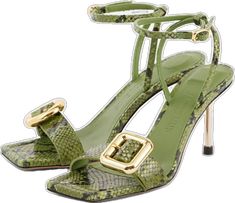 Luxury Green Heels With Buckle Closure, Luxury Green Leather Sandals, Luxury Leather Sandals With Square Toe, Luxury Green Sandals With Single Toe Strap, Green Leather Heels With Buckle Closure, Latest Sandal, Croc Leather, Womens High Heels, High Heel Sandals